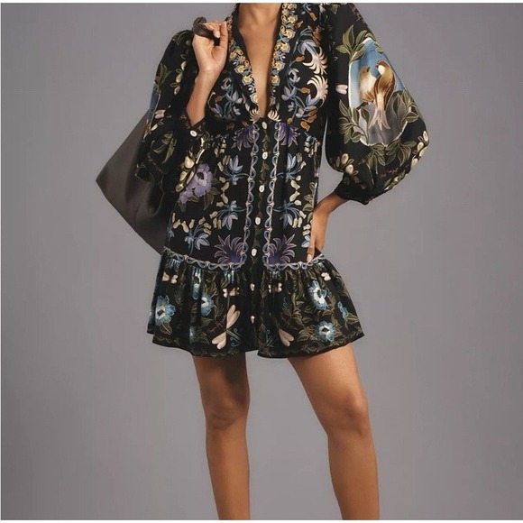 FARM Rio Dresses & Skirts - Farm Rio Womens Dress WInter Garden Mini Long Sleeves Black XS Dragon Fly Floral